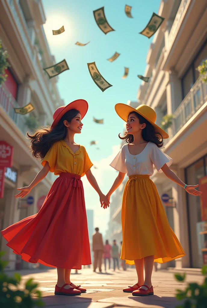 Two beautiful female vendors smile happily, look up, and spread their arms, waiting to receive money, which has fallen from the sky in front of the shopping mall.