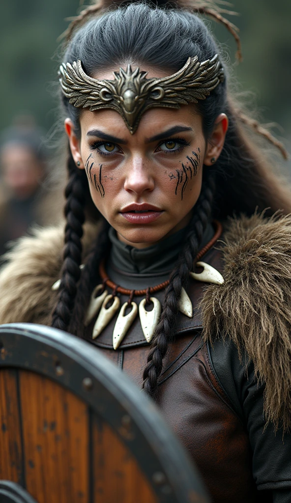 Close rosto rainha viking, wooden shield in hand, eagle wings crown , tribal design on the eyes, Angry, bone ornaments on the neck, leather armor, focused