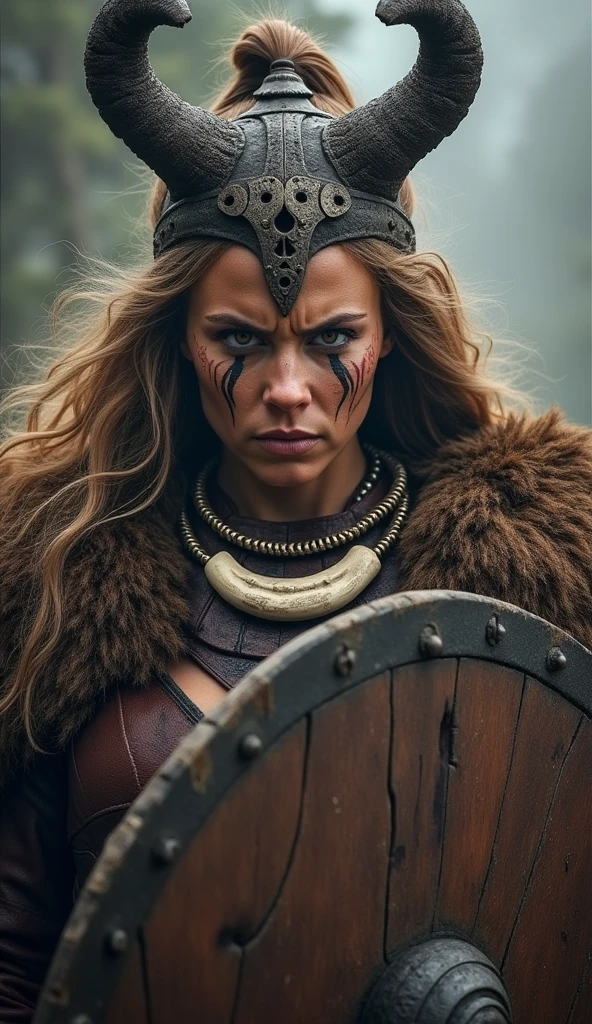 Close rosto rainha viking, wooden shield in hand, eagle wings crown , tribal design on the eyes, Angry, bone ornaments on the neck, leather armor, focused