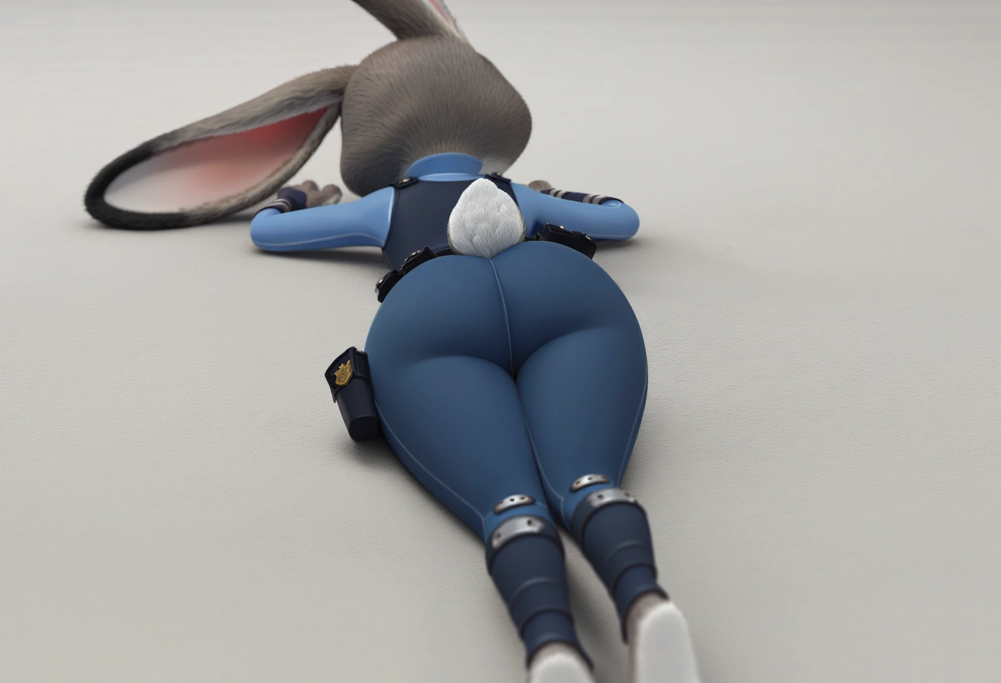 DUO, By disney pixar, 3d, duo, by qupostuv35, ((Macro judy hopps, lying face down, back, Wide hips)), ((female)), zootopia, ((Police uniform)), thigh crushing, (break, size difference (micro bunny on Judy hopps butt)), judy's thighs