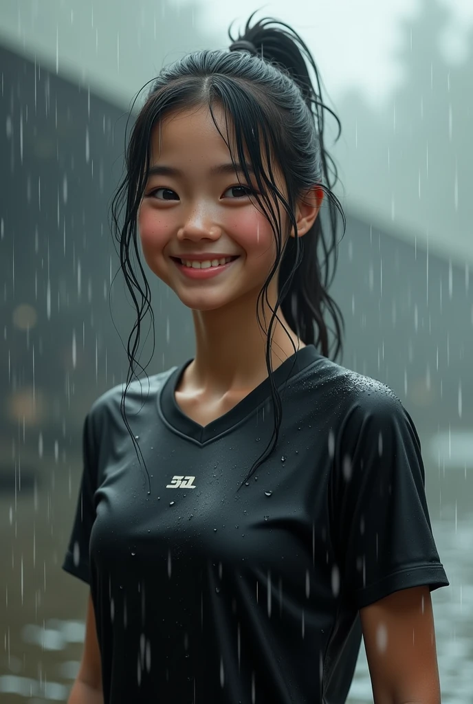 The girl wearing a black football shirt was wet with water but smiled sweetly