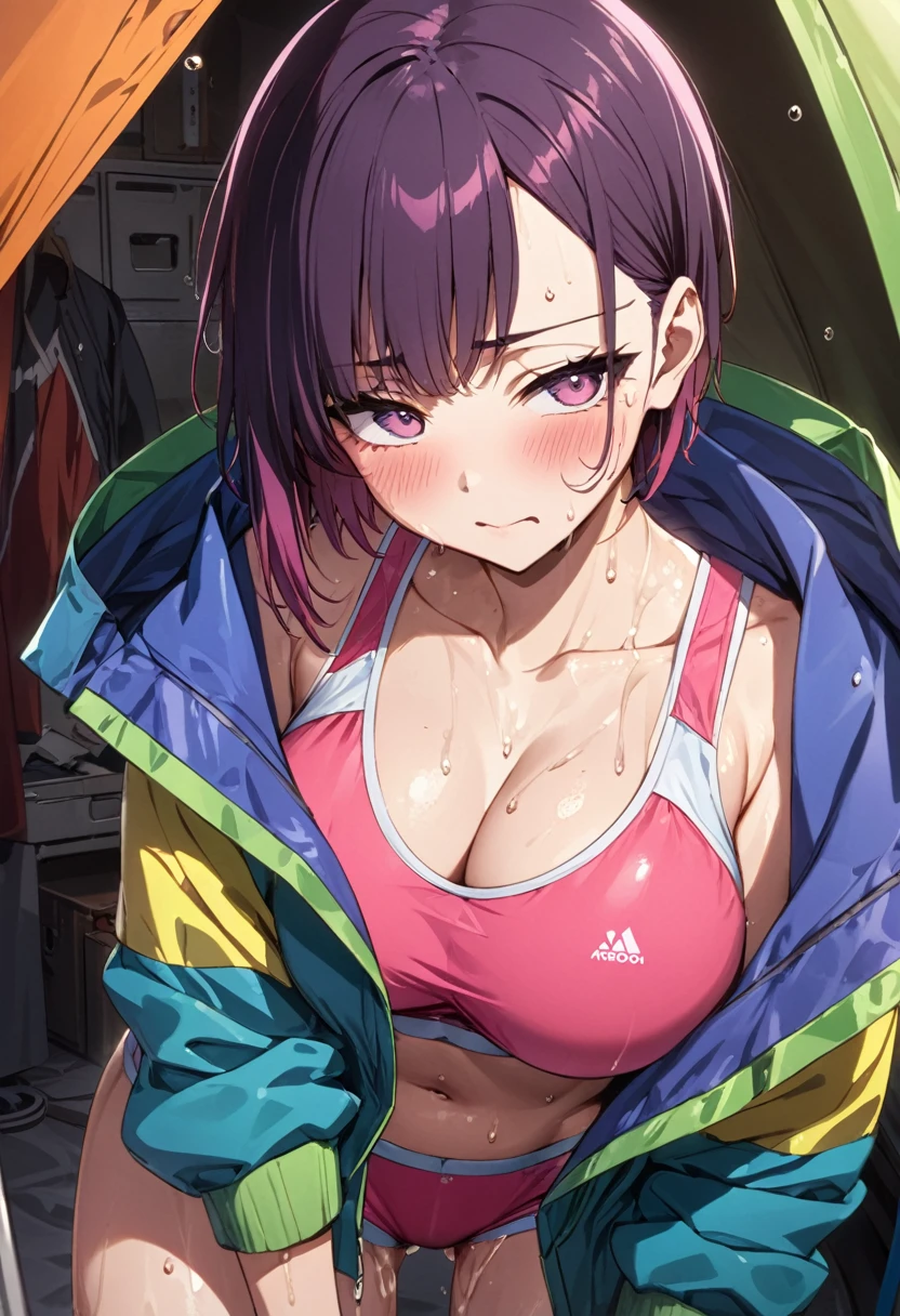 masterpiece, Highest quality, High resolution,(Mikazuki Kan),  \(style\),(D-cup beautiful breasts),Sweating all over the body、sports bra and jacket, hot pants,cyberpunk,hoodie,Hosomi、(sexy)、A face writhing in pleasure、The whole body is covered in sex fluids、Sweaty、Front composition、Shyness、blush、Shy、look up、Anime-style painting style,Purple Hair、Short Hair、(Cool face)、Pointed Eyes,Composition focusing on the upper body,(独奏),In the background, inside the tent