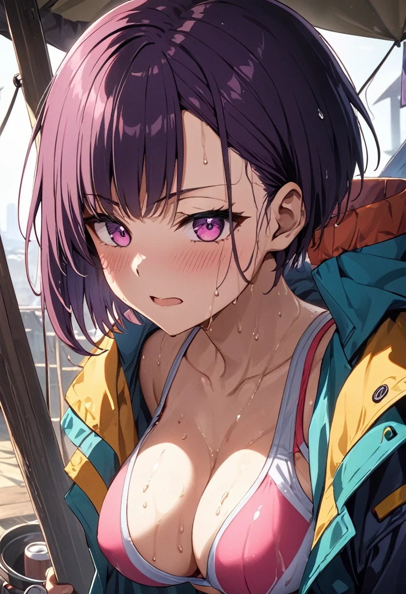 masterpiece, Highest quality, High resolution,(Mikazuki Kan), \(style\),(D-cup beautiful breasts),Sweating all over the body、sports bra and jacket, hot pants,cyberpunk,hoodie,Hosomi、(sexy)、A face writhing in pleasure、The whole body is covered in sex fluids、Sweaty、Front composition、Shyness、blush、Shy、look up、Anime-style painting style,Purple Hair、Short Hair、(Cool face)、Pointed Eyes,Composition focusing on the upper body,(独奏),In the background, inside the tent