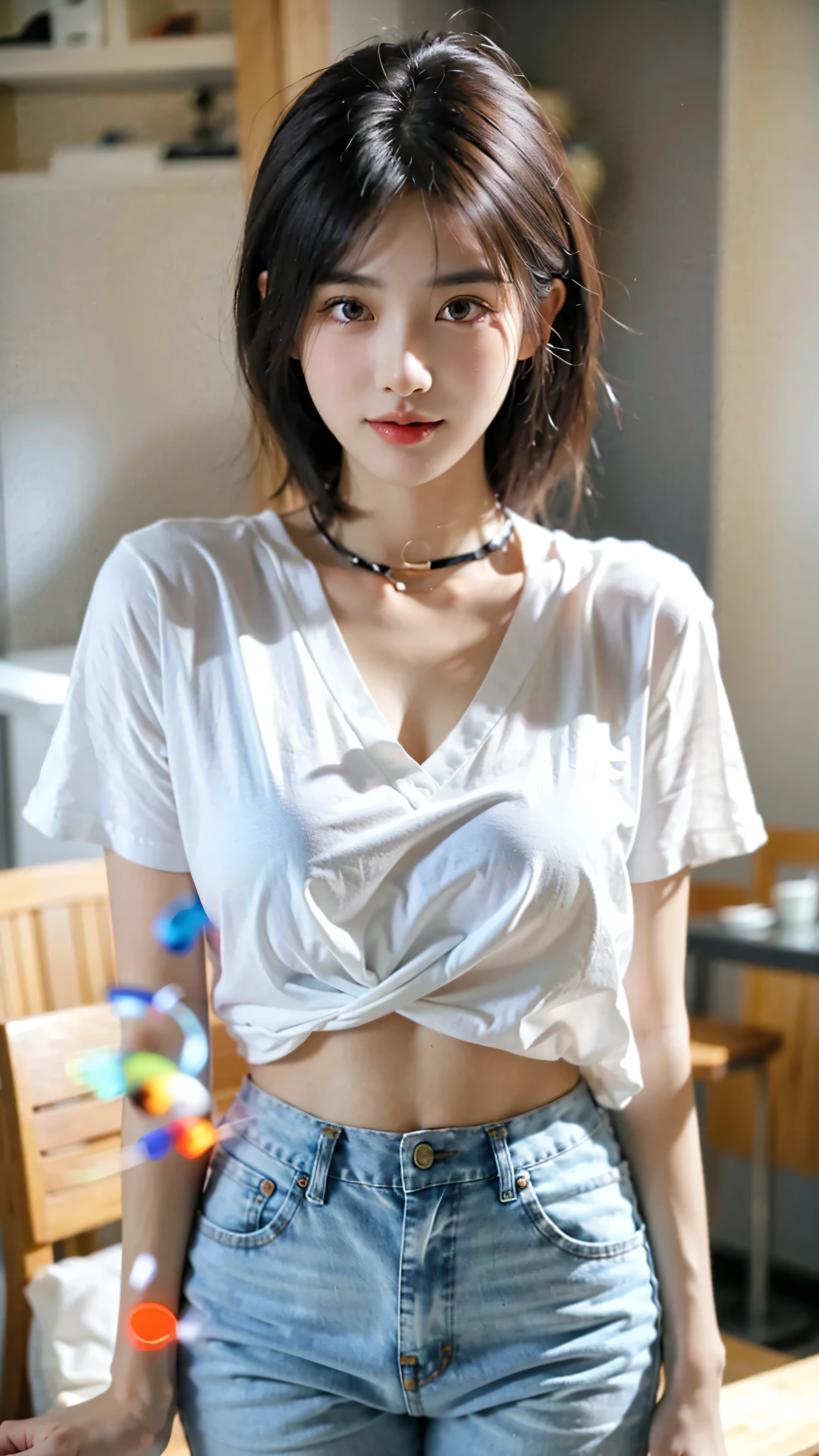 A beautiful woman who has been and tied up、Well-formed face、Make your eyes even、My hands are tied with ropes、Align your legs、Bright interior、Short sleeve shirt、mini skirt、White panties are visible、Sit on a chair、20talent、Medium build、Like real life、highest quality、