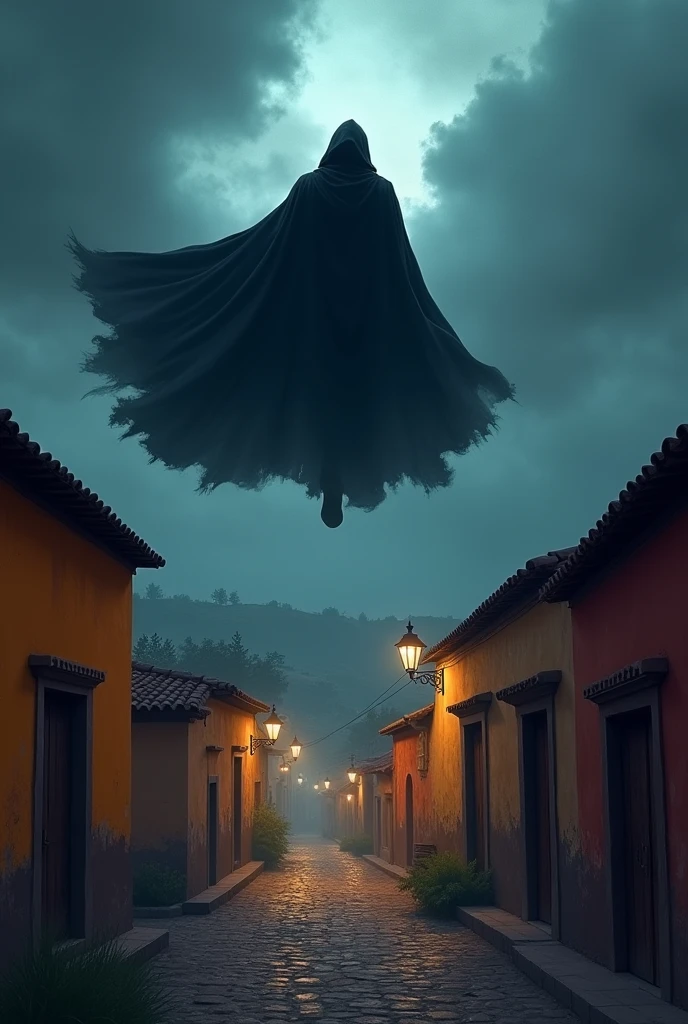 book cover, The dark and shadowed silhouette of the protagonist flying over a Mexican village represented with traditional architecture, with a cloak fluttering behind him, with the title The Shadow of the Hero