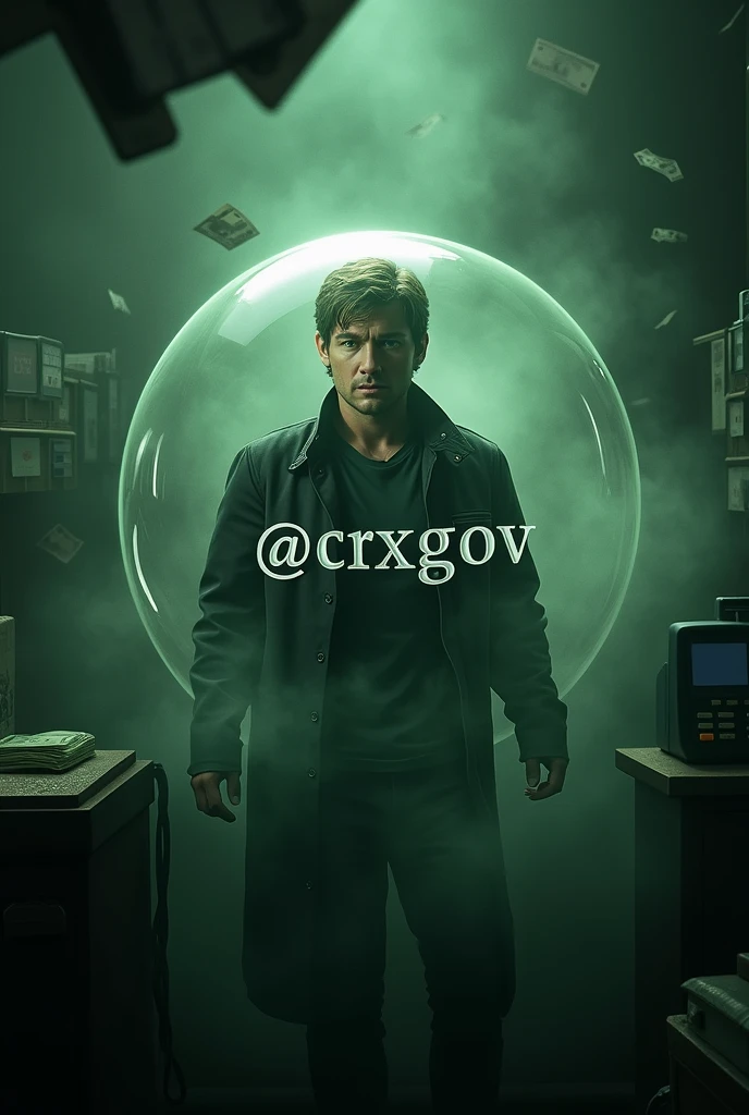 Dean Winchester trapped inside a bubble and next to it written @crxgov inside the bubble. and in the background of the image a green and black mist. Outside the bubble, some credit cards and card machines, along with money