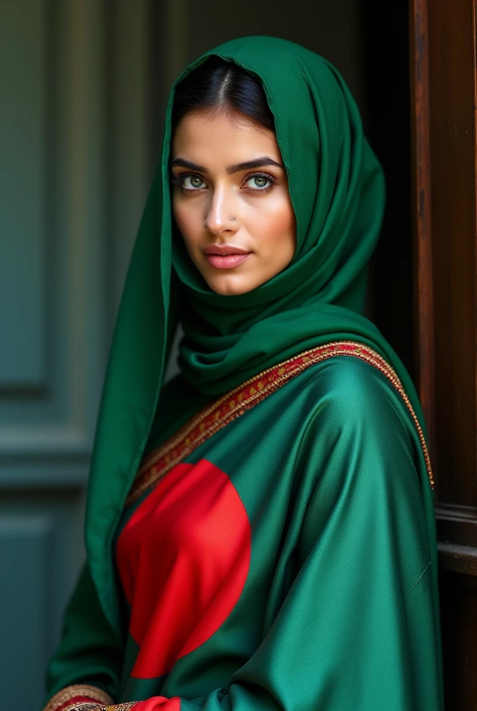 Beautiful girl she have white skin wareing saree and also waering hijab her eyes is beautiful her saree is green and red With full body Bangladeshi fLag she have blue eyes She is wearing hijab Her eyes is blue