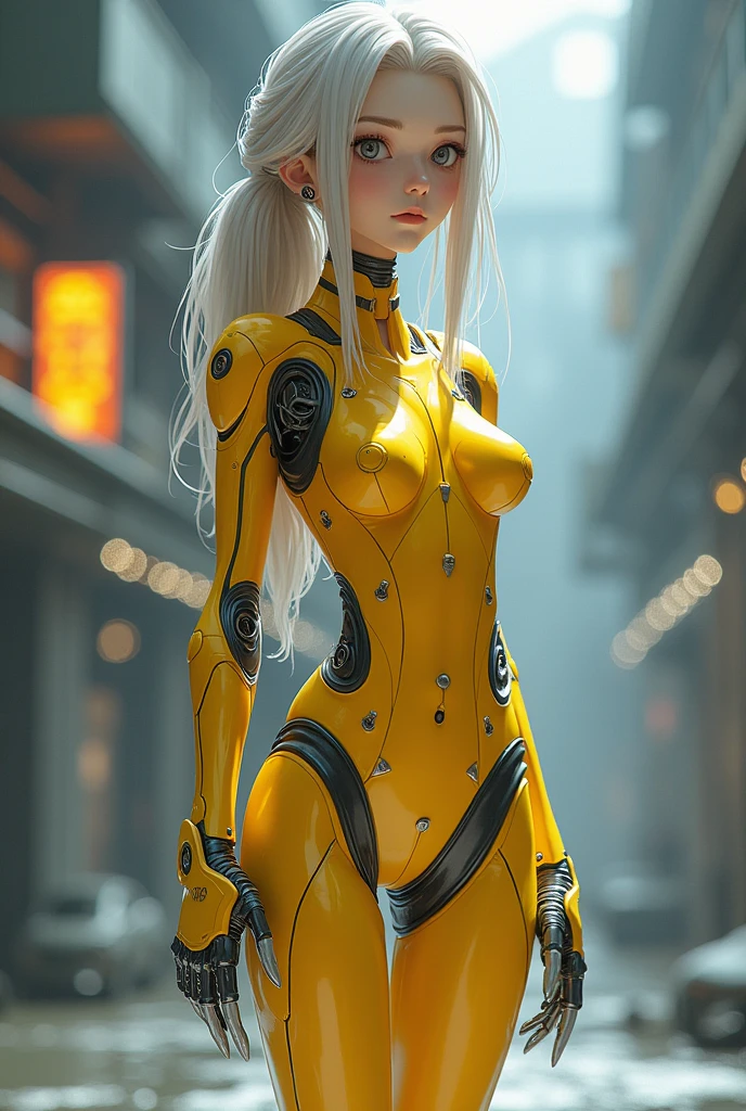 A futuristic looking anime android girl with a slender and graceful build. Her outfit is a metallic bodysuit, tight, that fits your figure perfectly, highlighting your silhouette. The material of the suit has a metallic sheen, with technological details integrated into the seams that pulse with a soft light. The robotic boots he wears reach up to his thigh., with metal plates that the suit is yellow and not very high animation