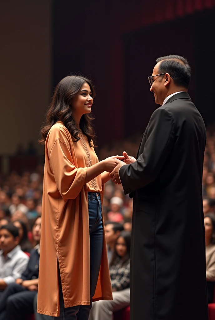 a 20 year old girl recieving an award from a person on stage in a college ceremony. the girl is wearing a kurta with jeans and has wavy hair. kurta is tucking out of jeans