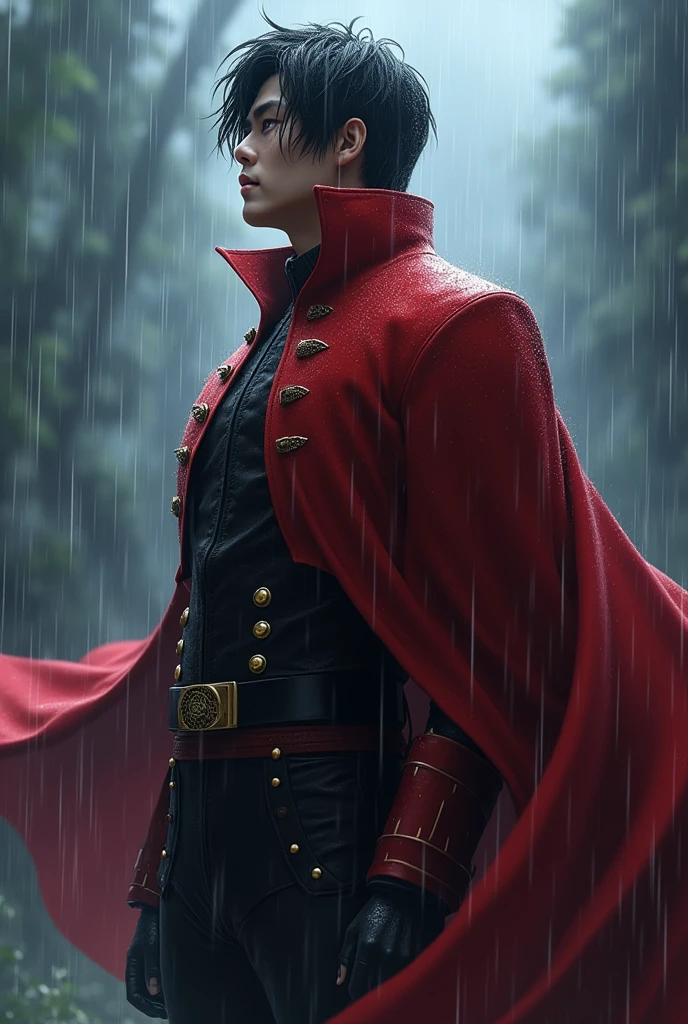 Il capitano aus genshin impact, standing in the rain, turned sideways, head slightly upwards,
