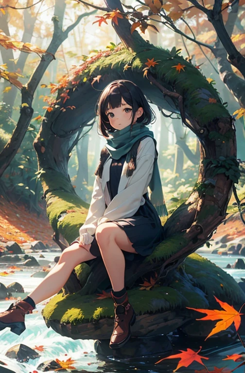 depict a whimsical and enchanting scene of a cute girl wearing a scarf and cute dress ((sitting on a leaf) resting in a (forest), (fall season), small river, autumn,