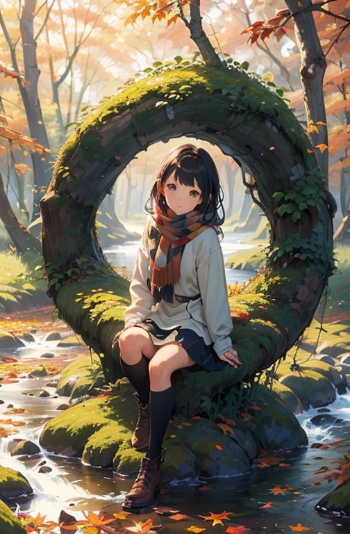 depict a whimsical and enchanting scene of a cute girl wearing a scarf and cute dress ((sitting on a leaf) resting in a (forest), (fall season), small river, autumn,