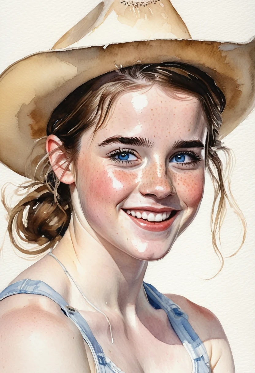 a watercolor painting of a ((pale skin)), defined muscles, six-pack abs, freckled, brunette teenager resembling Emma Watson, with blue eyes, blushing cheeks, pigtails, cowboy hat, naked, smiling, in the style of Norman Rockwell