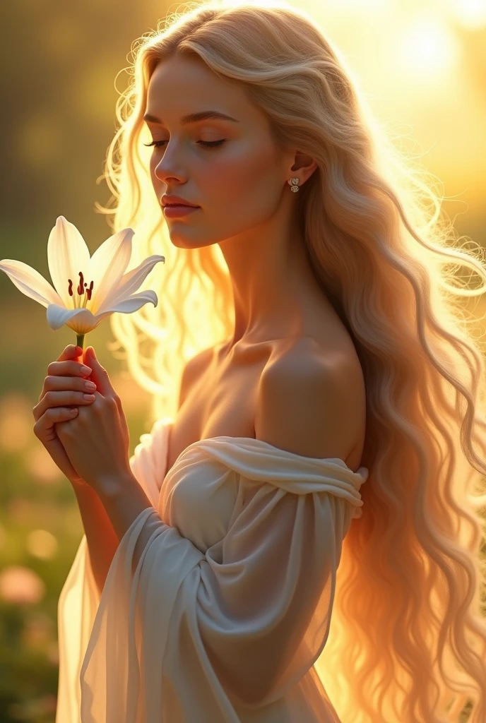 high quality, 8k ultra hd, A beautiful goddess. Looking ahead. Showing a sweet smile. eyes closed. Hand holding Lily flower. Long flowing hair gets the reflection of sunlight. 