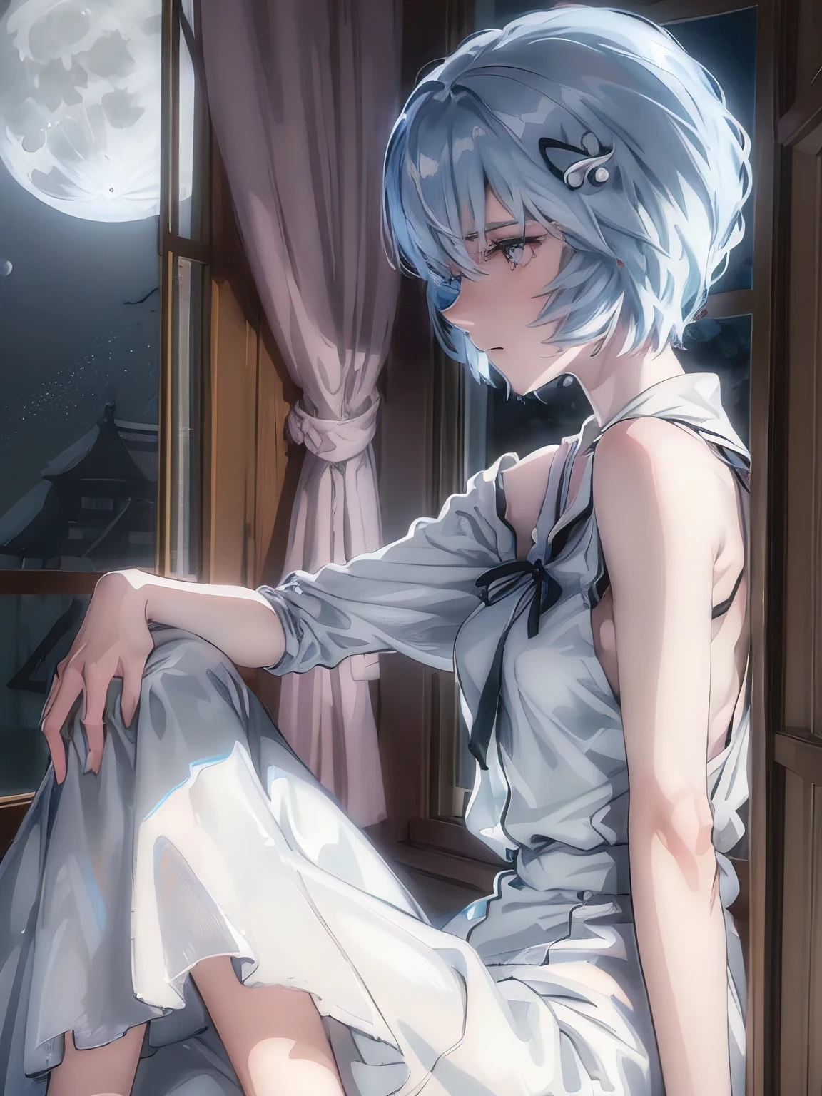 ultra-detailed, illustration, Beautiful Face, Beautiful body, (Rei Ayanami), Bluish silver hair, Silky short hair, (((Large windows, Open window, Leaning on the window frame, One foot on the window frame))), (Hold your one side knees), Tokyo-3 middle school uniform, black socks, ((Moon Background, The moon looks big:1.3, Gazing at the Moon:1.3)), ((Night:1.3)), View from inside the Hospital room, (The lace curtains are swaying in the wind), Slightly slim body, face in profile, ephemeral Expression, extremely detailed eyes and face, photo with an 85mm camera, Natural moonlight, details accurate face, Accurate limbs, ((masterpiece, best quality, high resolution))