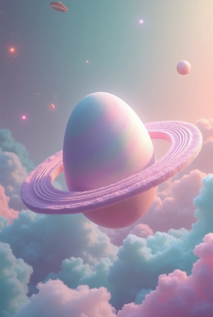 A pastel-colored egg-shaped planet with two crossed rings like roads, in an infinite universe