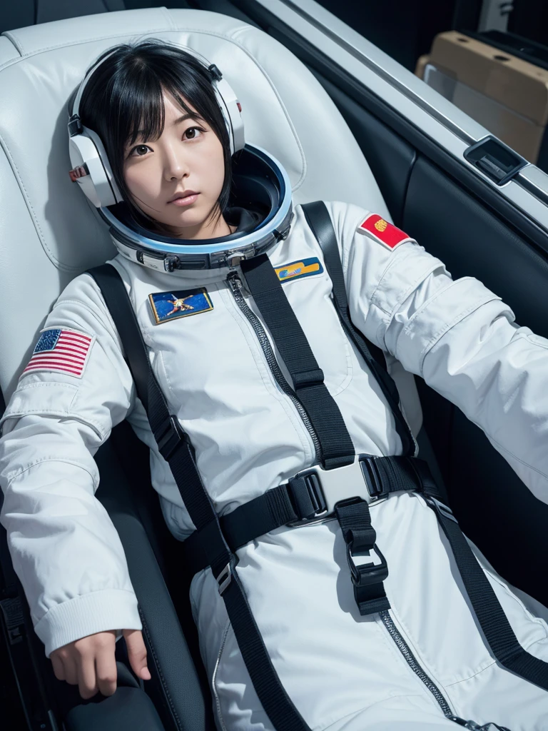 Japanese female astronaut,Black Hair,Space capsule,The person is completely secured in the seat with the backrest reclined by a thick harness belt.,I can&#39;t move,Plump,Spread your legs,Squat,Surrounded by switches and monitors,