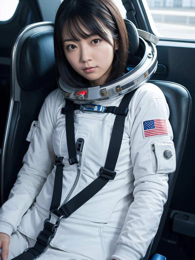 Japanese female astronaut,Black Hair,Space capsule,The person is completely secured in the seat with the backrest reclined by a thick harness belt.,I can't move,Plump,Spread your legs,Squat,Surrounded by switches and monitors,
