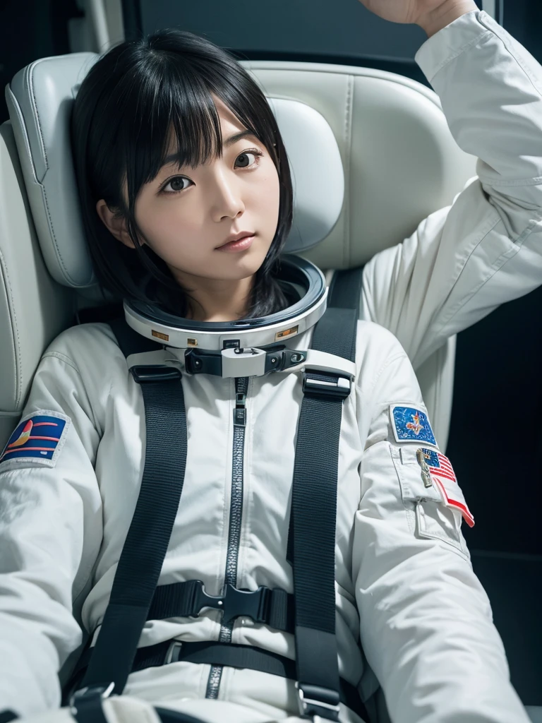 Japanese female astronaut,Black Hair,Space capsule,The person is completely secured in the seat with the backrest reclined by a thick harness belt.,I can't move,Plump,Spread your legs,Squat,Surrounded by switches and monitors,