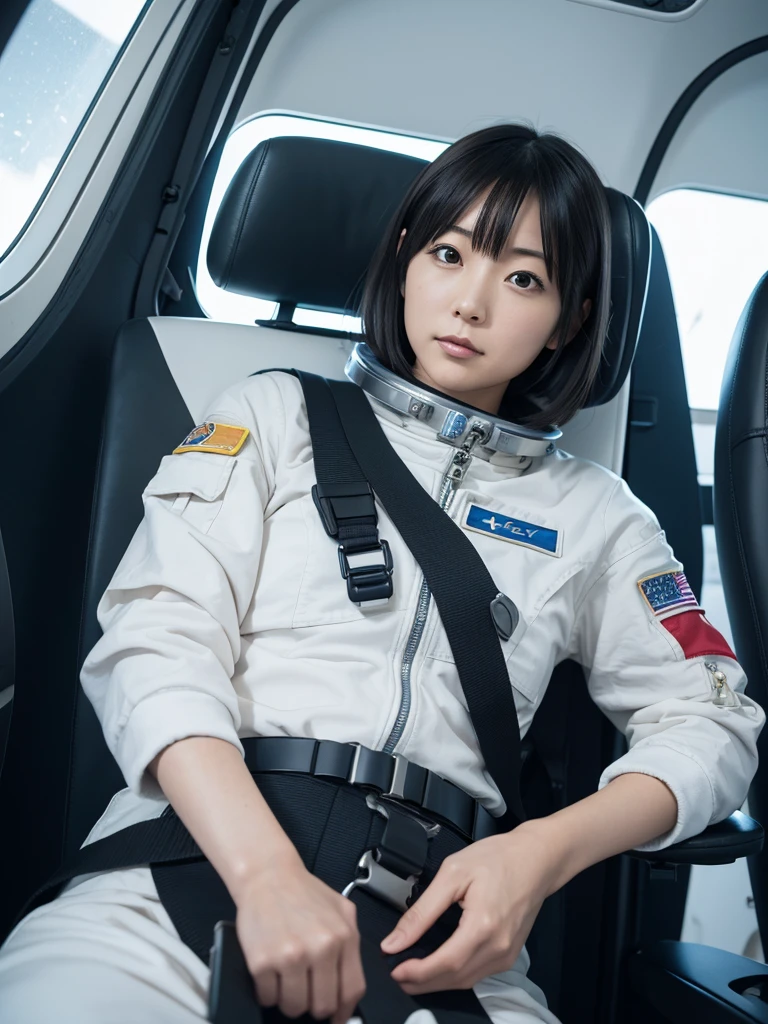 Japanese female astronaut,Black Hair,Space capsule,The person is completely secured in the seat with the backrest reclined by a thick harness belt.,I can&#39;t move,Plump,Spread your legs,Squat,Surrounded by switches and monitors,