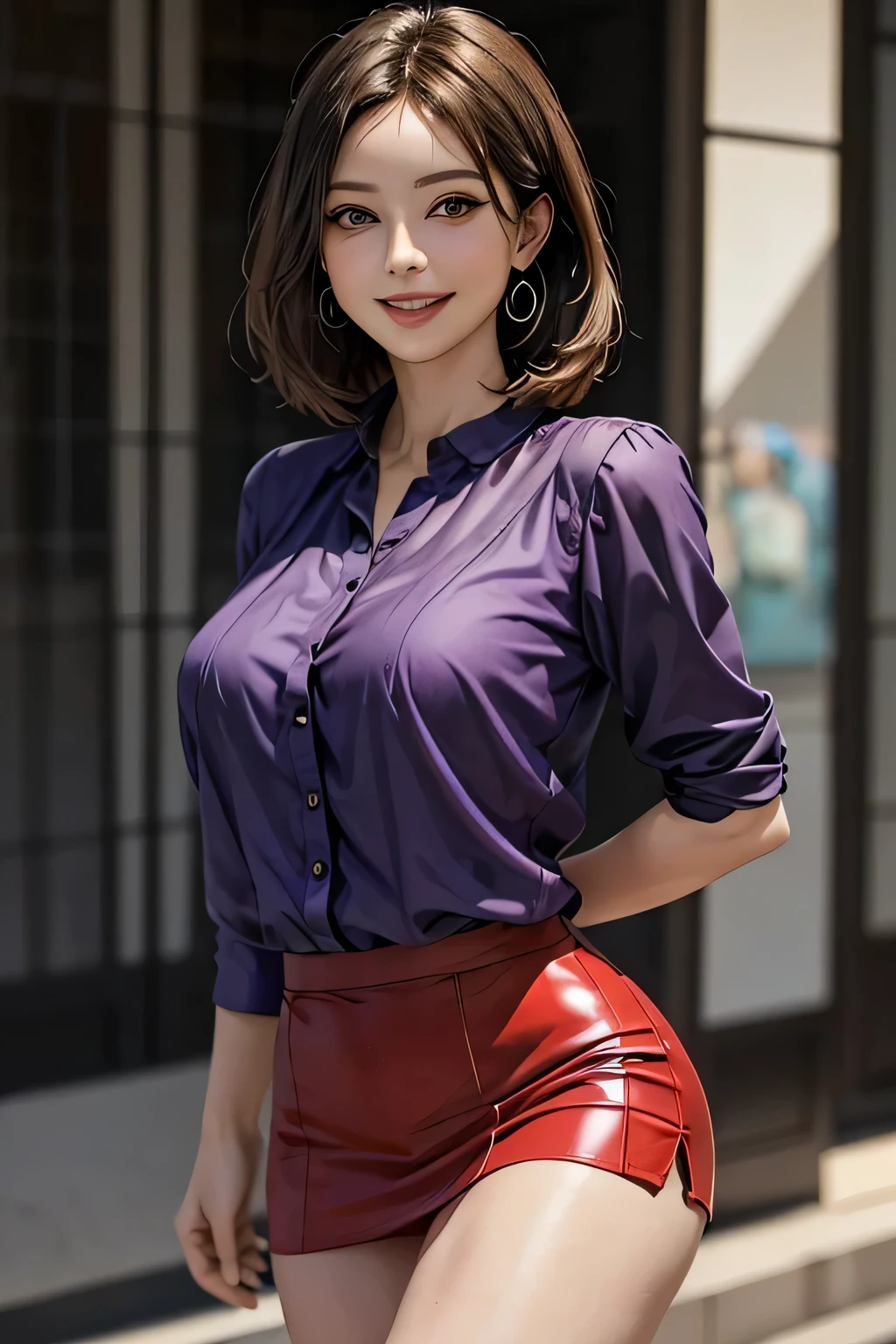 (1 The Ultimate Beautiful Mature Woman), Very detailedな顔, Beautiful brown eyes, double eyelid, Slightly thick detailed lip, Short black hair, (Light purple blouse:1.2), (Red tight mini skirt:1.4), Large Breasts, smile, Thighs, Perfect lighting, (Realistic:1.4), (Very detailed), (Highest quality), (Best Shadow), (masterpiece), Ultra-high resolution, With background: ((Ginza Art Gallery, Tokyo))