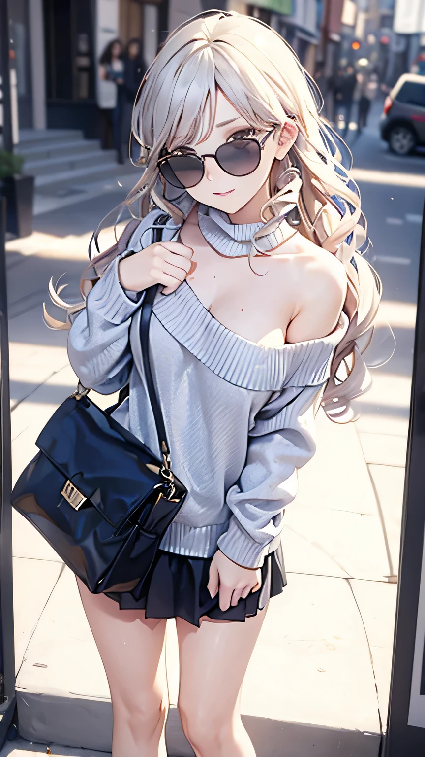 Spiral Curls,Hair is soaked,sunglasses,Bend over,Staring closely at the camera lens,Chest close-up,One size larger crew neck sweater,Shoulder bag