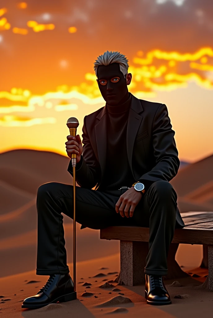 A guy wear black jacket black jeans wear black mask he have a golden mic in his hand beautifull sunsets orange sky he is sitting on bench a beautifull desert