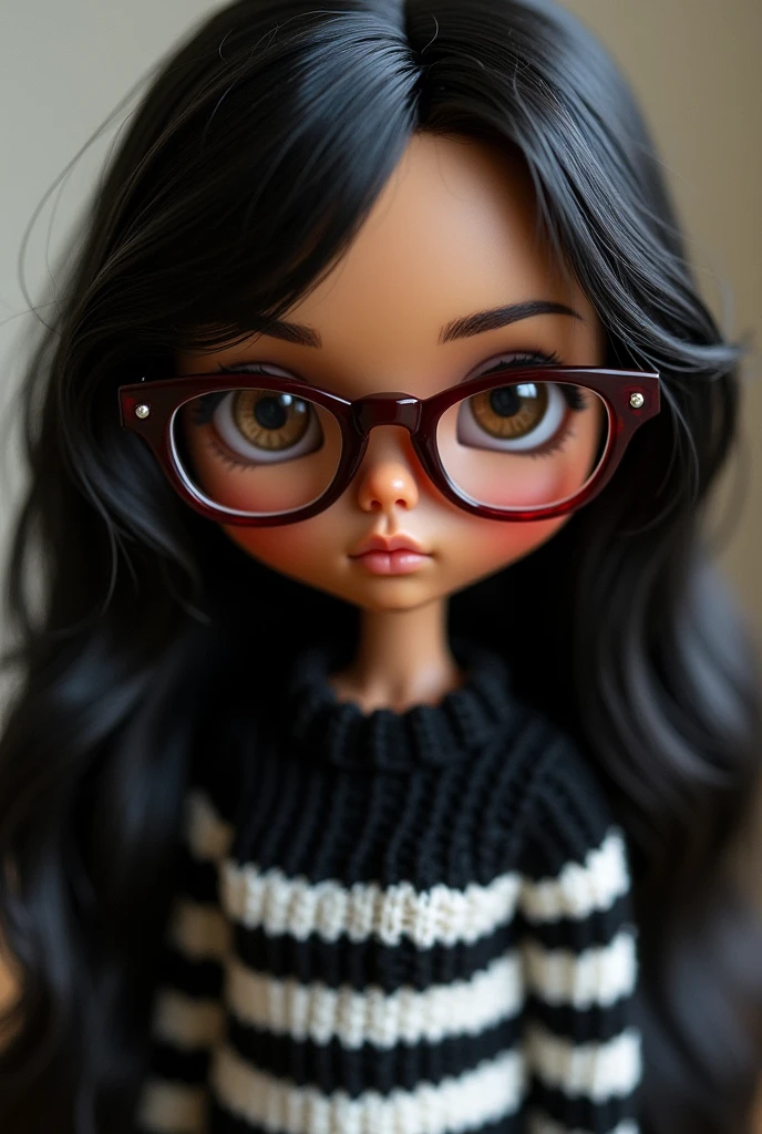 blythe doll , long wavy black hair , Brown eyes , brown skin , maroon glasses , black and white striped sweater