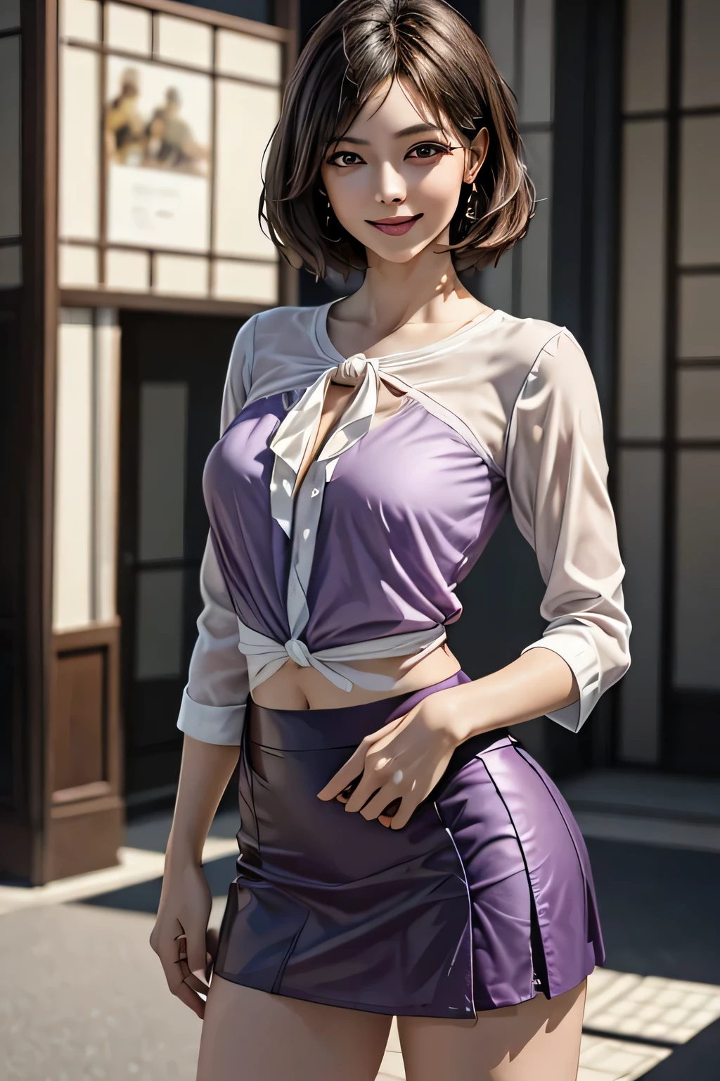 (1 The Ultimate Beautiful Mature Woman), Very detailedな顔, Beautiful brown eyes, double eyelid, Slightly thick detailed lip, Short black hair, (Light purple blouse:1.2), (Red tight mini skirt:1.4), Large Breasts, smile, Thighs, Perfect lighting, (Realistic:1.4), (Very detailed), (Highest quality), (Best Shadow), (masterpiece), Ultra-high resolution, With background: ((Ginza Art Gallery, Tokyo))