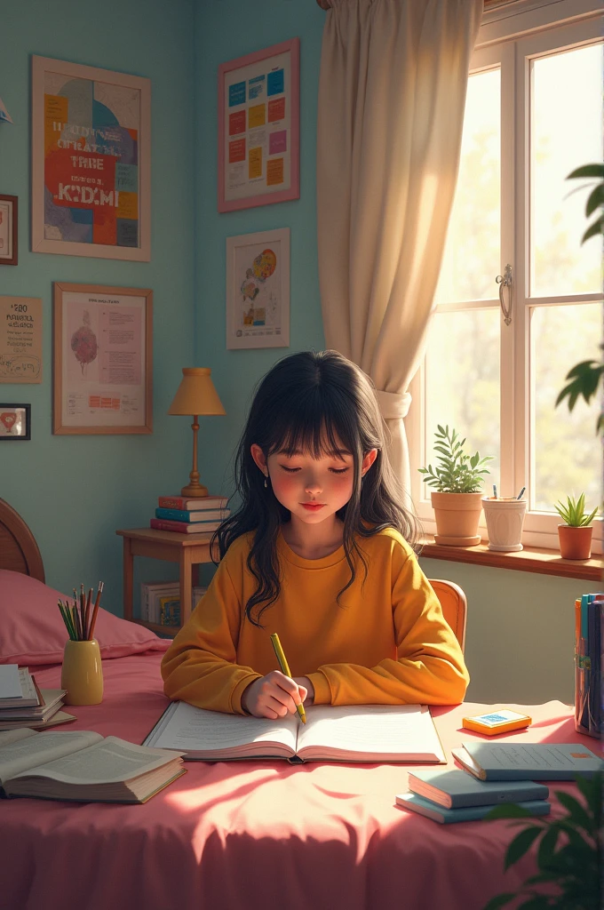 A girl sitting in her room with and study for her exam and she is very comfortable with the room vibe in a wall decorated with soft motivated chart and in a room has motivated vibe
