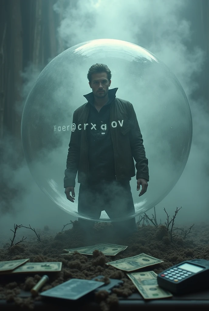 Dean Winchester trapped inside a bubble and next to it written @crxgov inside the bubble. and in the background of the image a gray and white mist. Outside the bubble, some credit cards and card machines, along with money 