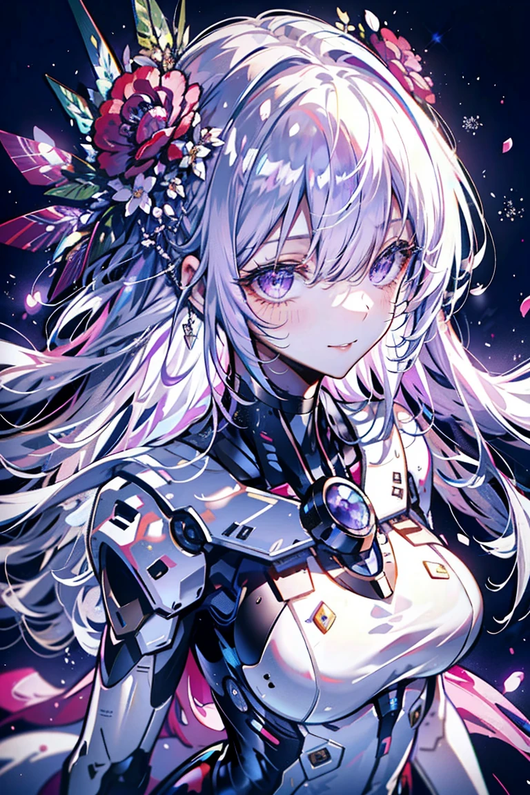 (best quality, Detailed background, high resolution, ridiculous, bloom, disheveled hair, shiny hair, exposed to light, High and cold, Focused and meticulous gaze),Holy girl,粉色hair,Purple Eyes,Smile,1 girl with facial paralysis, earpiece, long hair, silver hair, What's the big deal_Chest, put your arms behind your back, daytime, Outdoor sports, Black Forest, water, Creek,
hair_decorate, (hair over one eye), whole body, portrait,