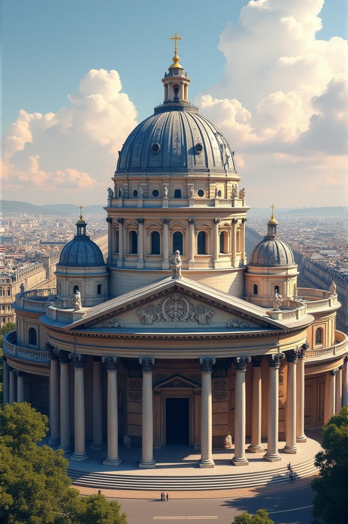 Create an image about architectural elements of the Paris Pantheon and that they are marked