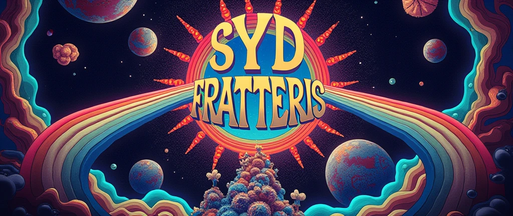 A circular poster of a psychedelic rock band called Syd Fratteris. We can use inspiration from Pink Floyd, but I want it to have the name of the band with psychedelic letters, something that looks real and not like a drawing where everything is in the shape of a circle.