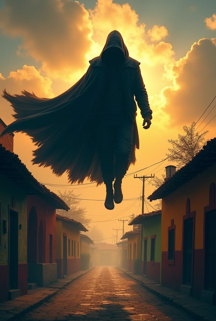 book cover, The dark and shadowed silhouette of the protagonist flying over a Mexican village represented with traditional architecture, with a cloak fluttering behind him, as title put The shadow of the hero