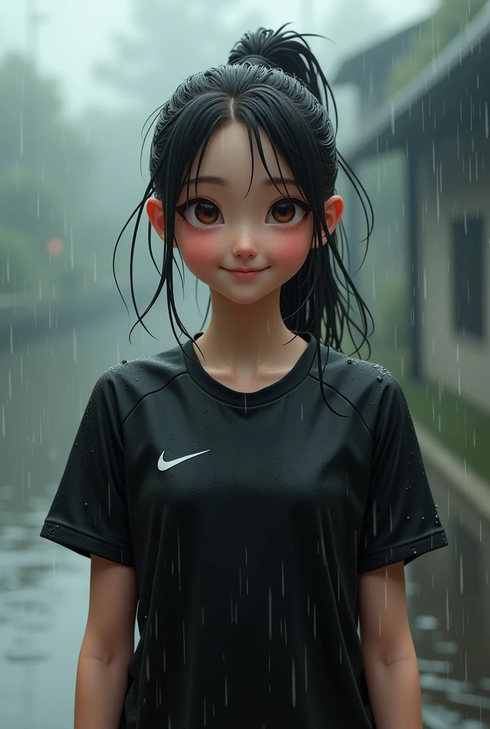 The girl wearing a black football shirt was wet with water but smiled sweetly