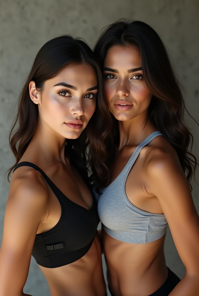 1 2 arabian women white skin using sports bra, realistic photo