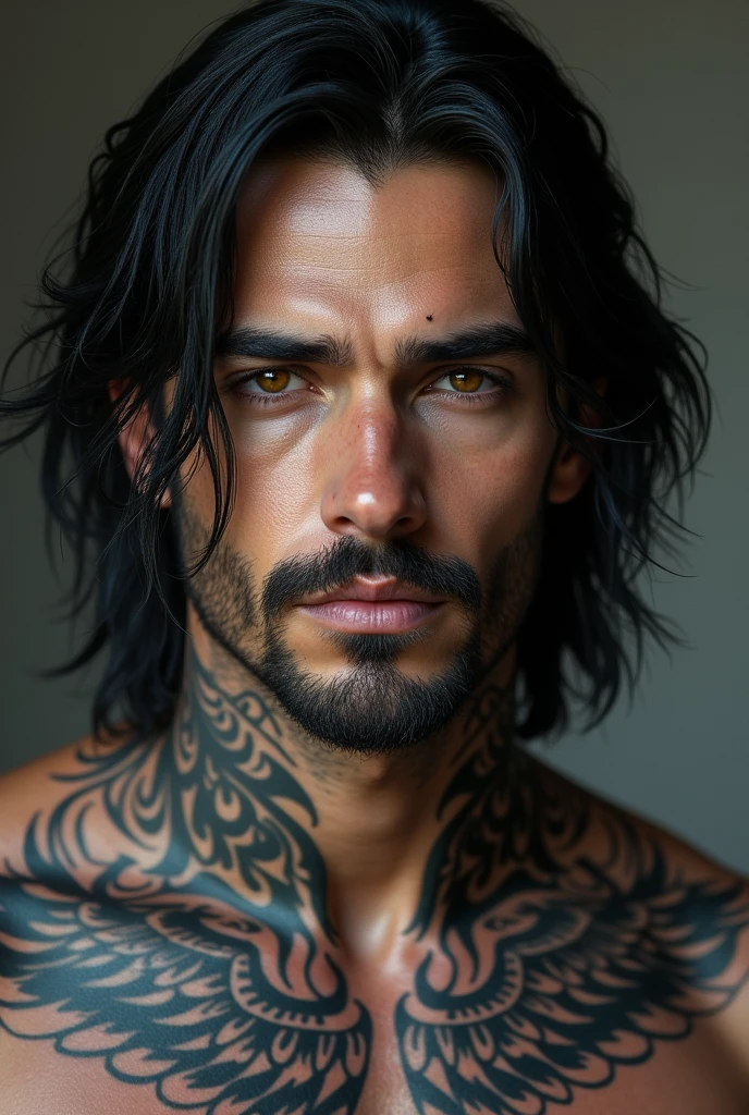 A white man with amber eyes and shoulder-length black hair, sem beard, with piercings in the lips and eyebrows, Italian traits. On his neck he has a tattoo of wings that covers him completely in tribal lines..