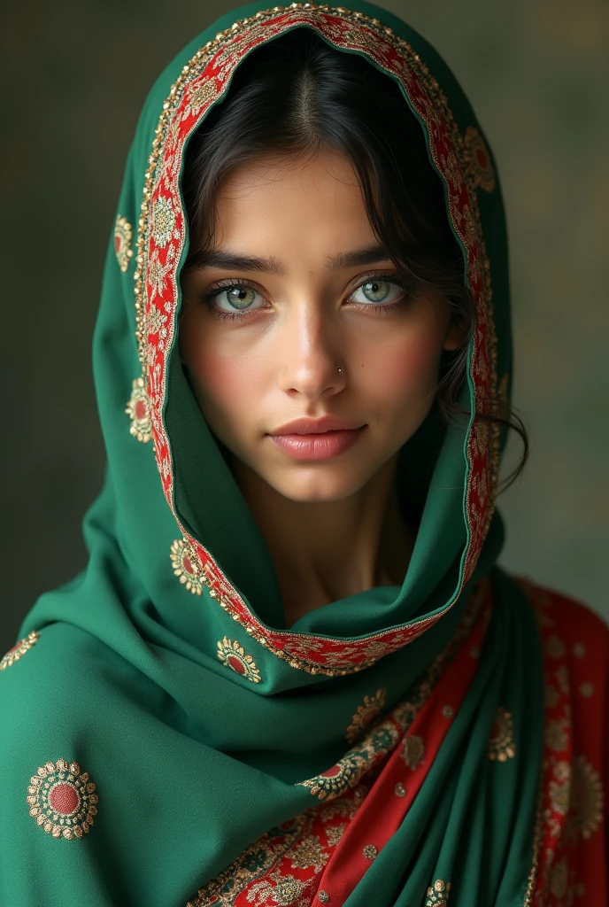 Beautiful girl she have white skin wareing saree and also waering hijab her eyes is beautiful her saree is green and red With full body Bangladeshi fLag she have blue eyes She is wearing hijab Her eyes is blue She have pale skin tone