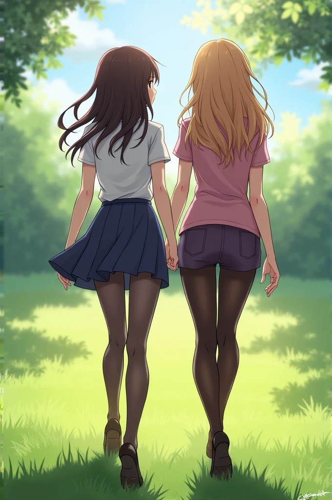 ((Full body photo, standing, feet on the ground)) 4 girls kissing in short skirts showing panties, tendō, jikkō