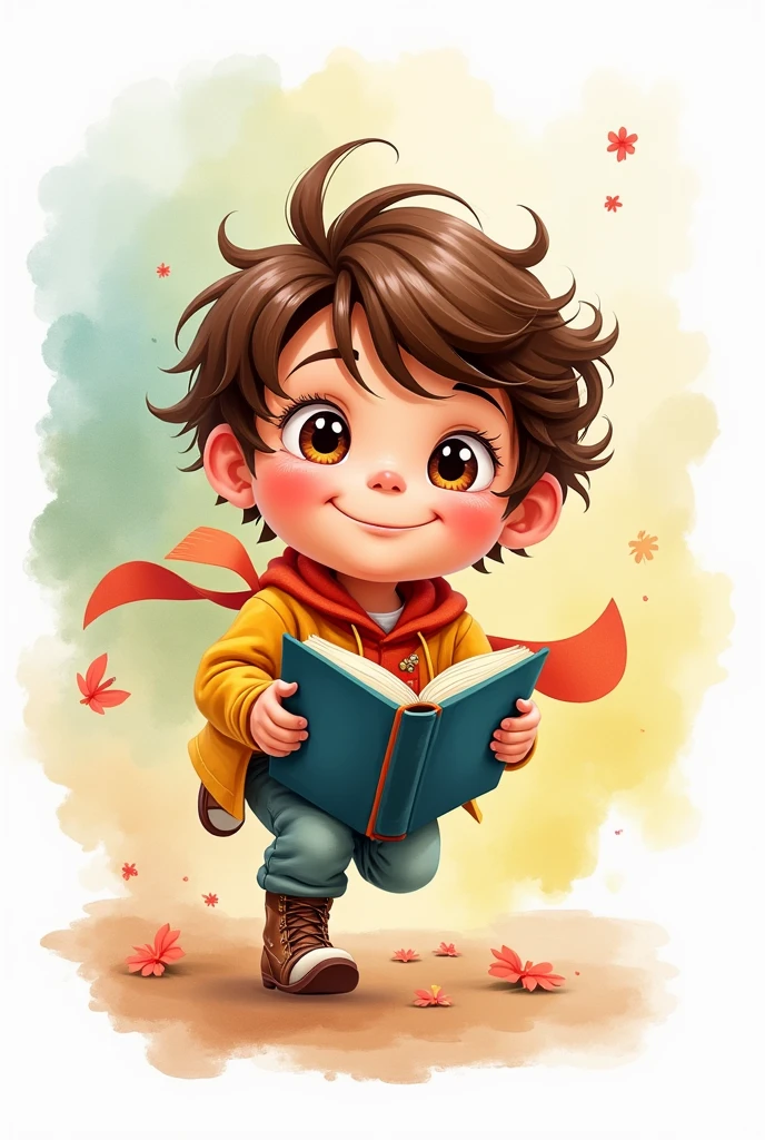 make the image graphic element watercolor style of canva of a  with bangs and brown hair and brown eyes. different angles. fly away. Grinning. book character.