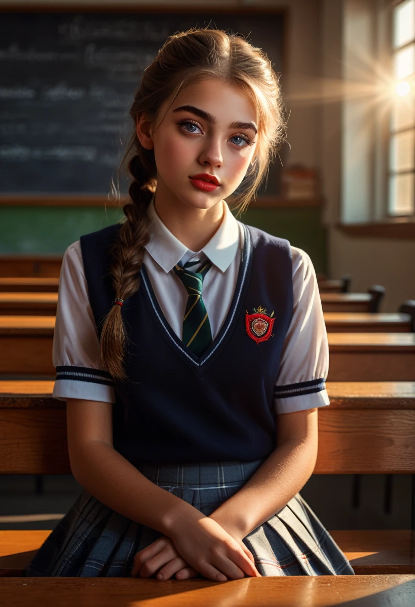 a  girl, beautiful detailed eyes, beautiful detailed lips, extremely detailed face, long eyelashes, school uniform, leaning against a bench, showing legs, classroom interior, warm lighting, photorealistic, 4k, highres, (best quality:1.4), detailed painting, cinematic composition, dramatic lighting, mystical atmosphere, (photographic:1.2), studio lighting