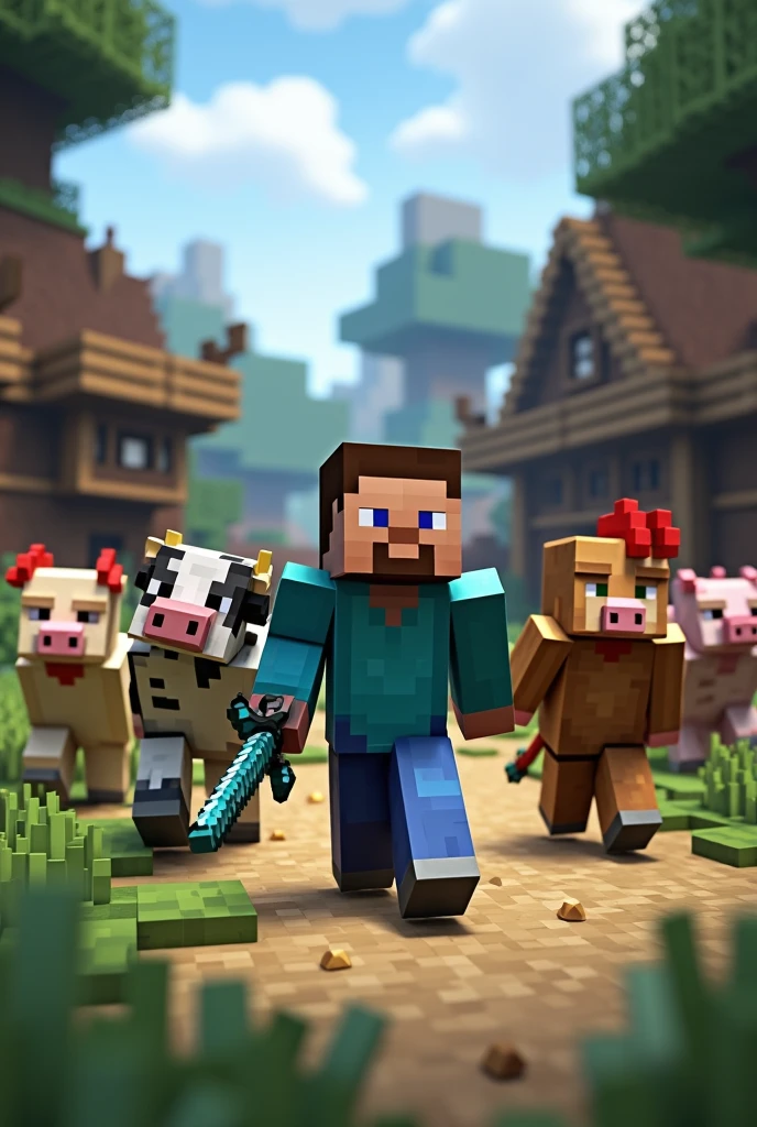 Minecraft characters team in a village background with villager and village background steve should be in diamond armour and a sword holding and 1 cow , 2 chicken and 1 pig
