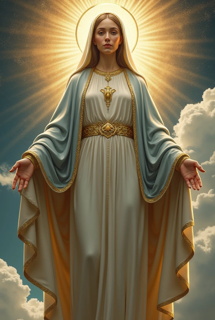 an image of the virgin mary with her arms outstretched and her hands on, reddit, majestic saint woman, queen of heaven, madonna genderbend elegant, saint woman, madonna, jayson tatum as mother mary