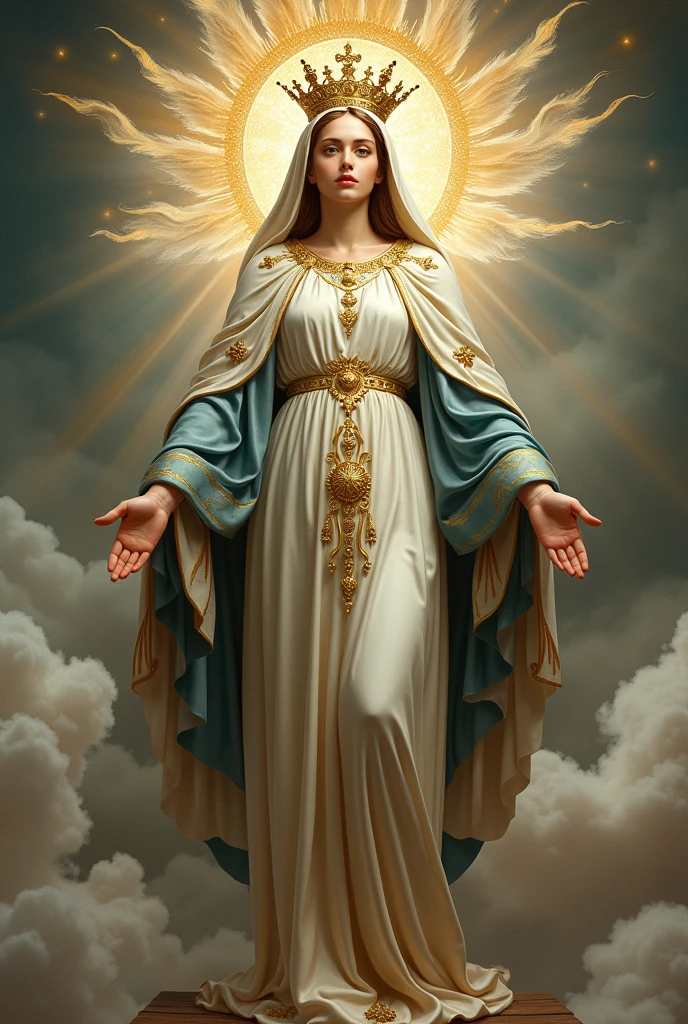 an image of the  mary with her arms outstretched and her hands on, reddit, majestic saint woman, queen of heaven, madonna genderbend elegant, saint woman, madonna, jayson tatum as mother mary