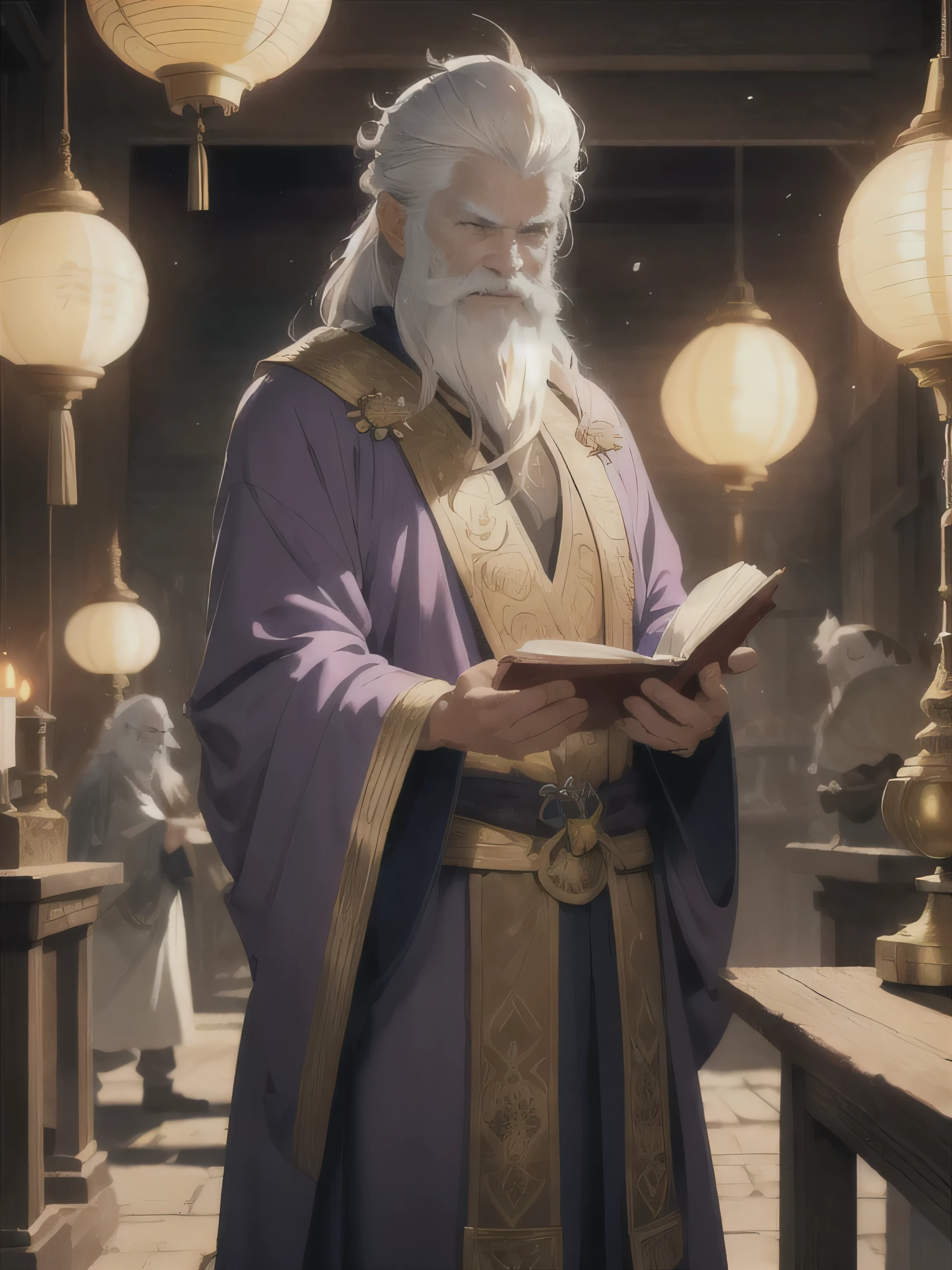 "Design a character for Gandril Daim, an elderly guild master with a long white beard that reaches his waist and a head of snowy hair. He wears a tall wizard's hat adorned with symbols of the sun and three moons, along with a flowing purple robe that shimmers in the light. His wise and kind eyes convey deep knowledge and experience. He often holds a pipe in hand that emits a pleasant aroma. Gandril is standing in a grand library filled with ancient books and scrolls, surrounded by the warm glow of magical lanterns. Despite his age, he exudes an aura of seasoned strength and calm authority, with a gentle smile that reflects his deep wisdom."