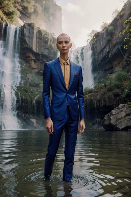 tall, thin alien with an elongated head dressed in a beautifully colored suit floating in front of a waterfall