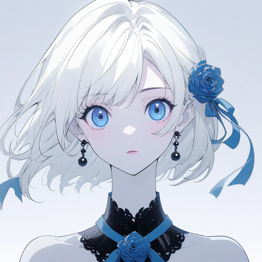 A young woman，(一条红Ribbon遮住一只眼睛), Ribbon, illustration，With black aesthetics、Anime aesthetic style，I can't believe how beautiful it was，Black Pearls and Blue Roses，Monochrome minimalist portrait，Pop artistic sense，whole body，Dynamic，