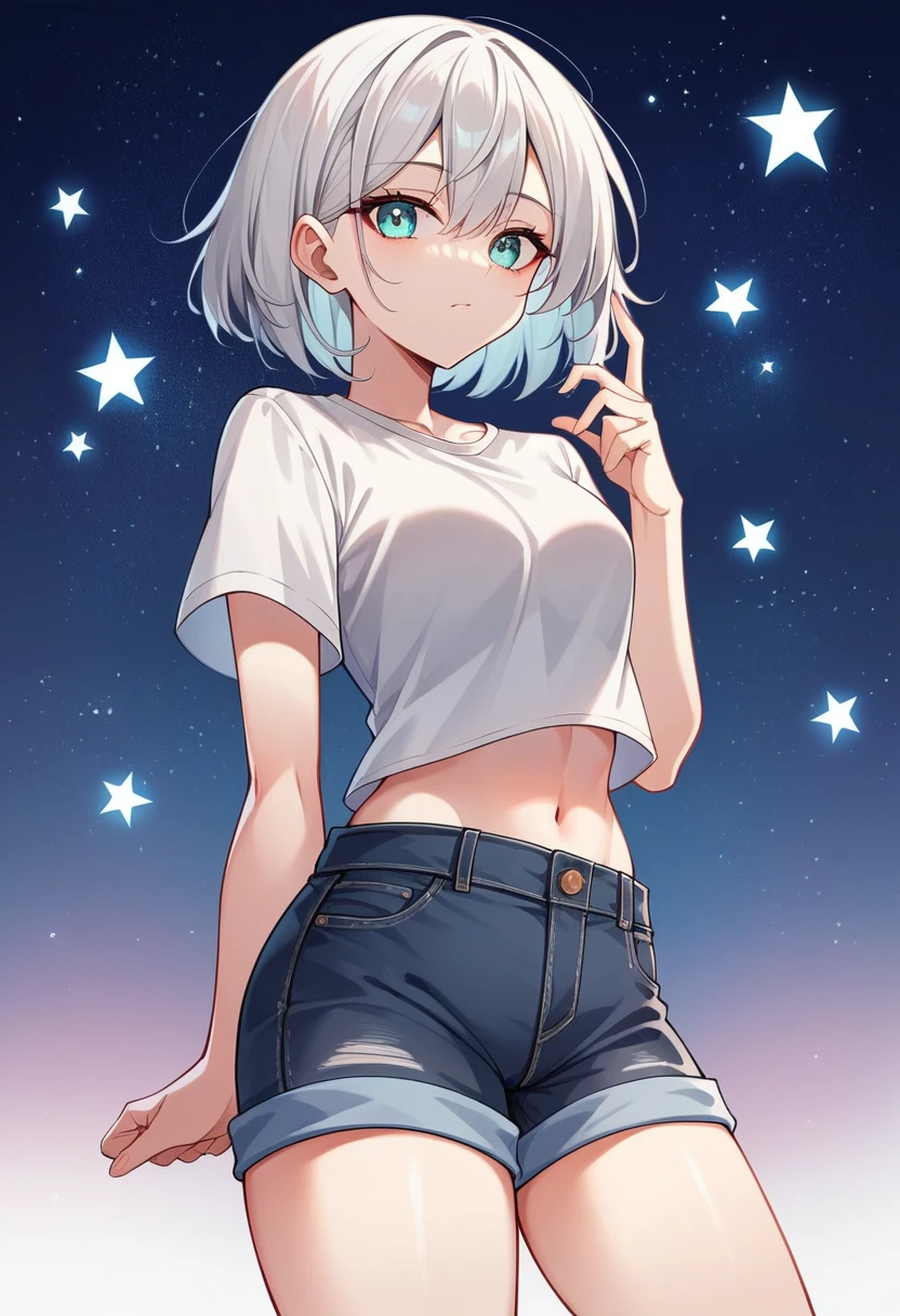 1 girl, platinum hair, looking at viewer, night city + starry background,8K , masterpiece,ultrasharp,high res, cyan eyes, black denim +starry sky with shiny stars and a long galaxies that crosses the sky + more spaces for the sky + short tshirt + black denim short