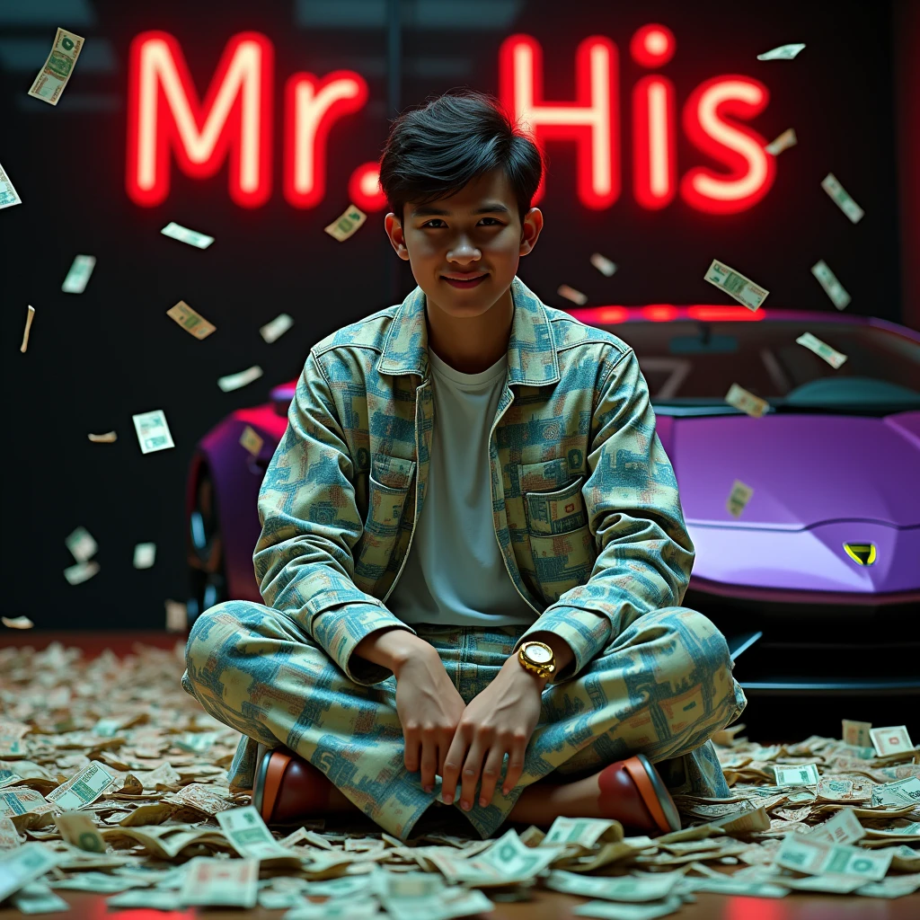 a young man smiling slightly with an Indonesian face, wearing a torn jacket and trousers covered with rows of blue Indonesian banknotes, green and red, jacket made of money sheets, sitting on a pile of Indonesian toy money near a black glass wall, red green LED lights with writing "Mr.his" Surrounding, and a purple luxury sports car, some Indonesian play money flying around, the background is indoors